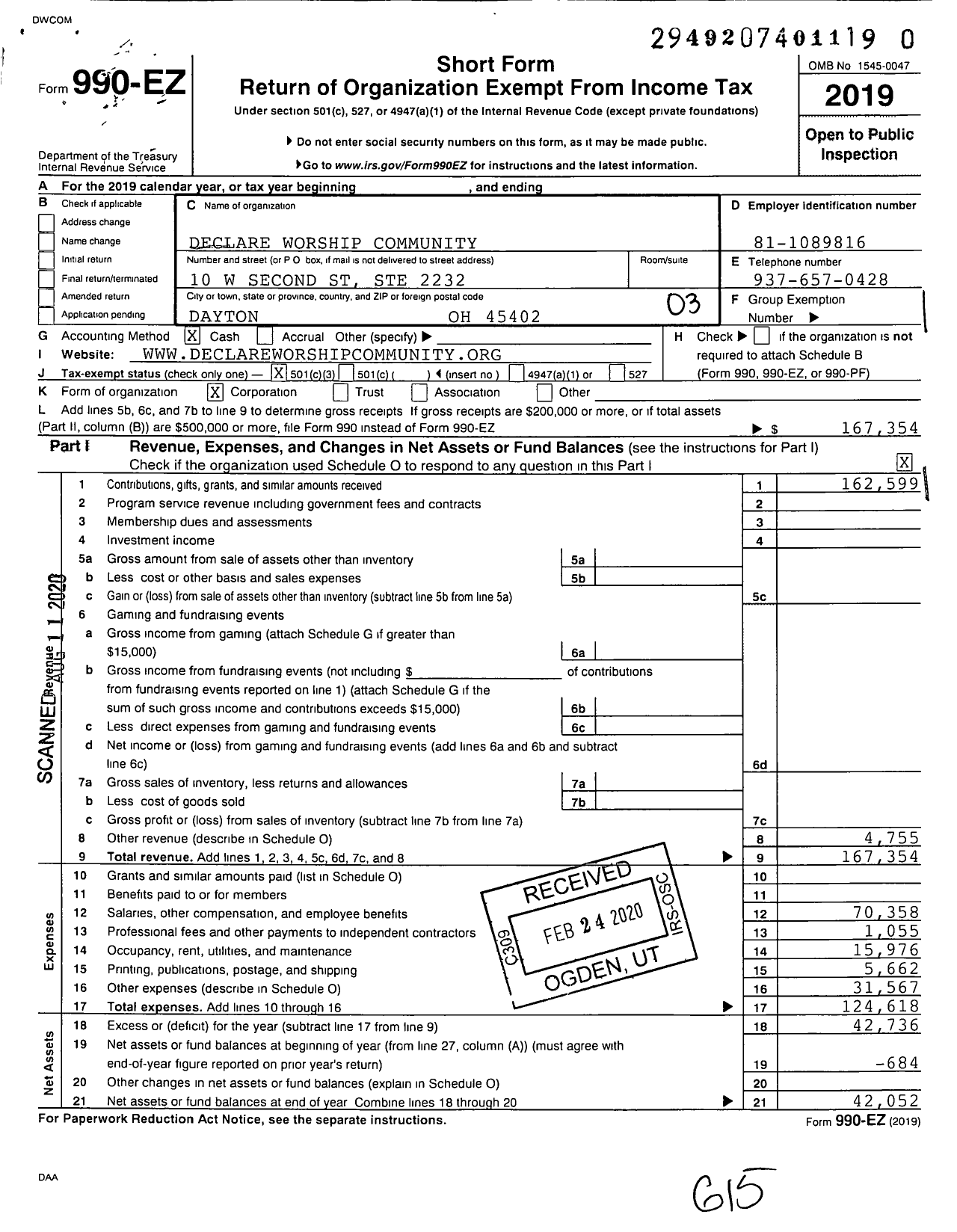 Image of first page of 2019 Form 990EZ for Declare Worship Community