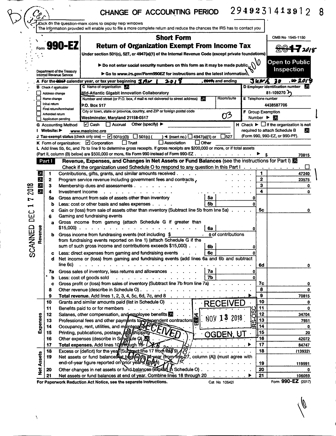 Image of first page of 2017 Form 990EZ for Mid-Atlantic Gigabit Innovation Collaboratory (MAGIC)