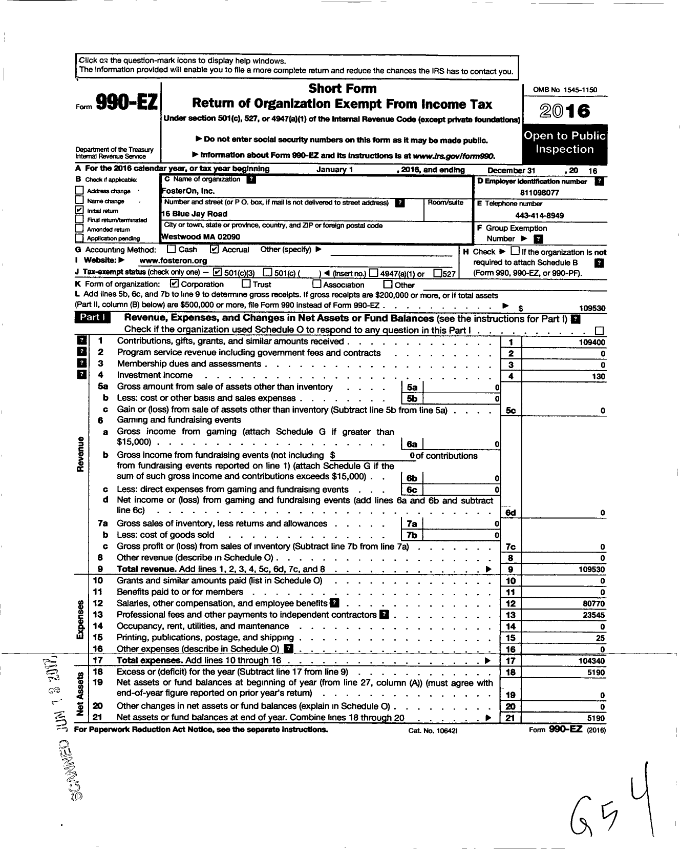 Image of first page of 2016 Form 990EZ for Fosteron