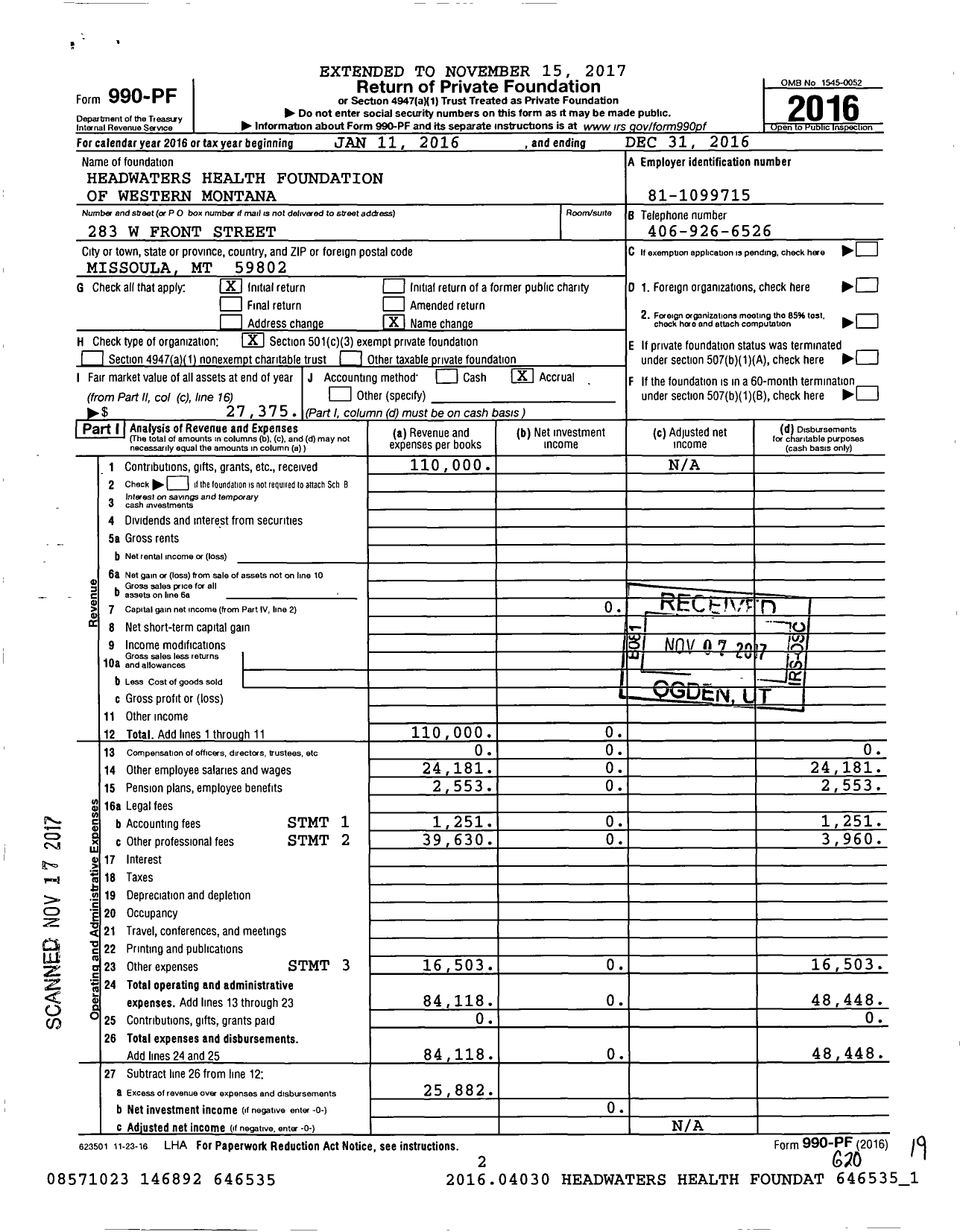 Image of first page of 2016 Form 990PF for Headwaters Health Foundation of Western Montana