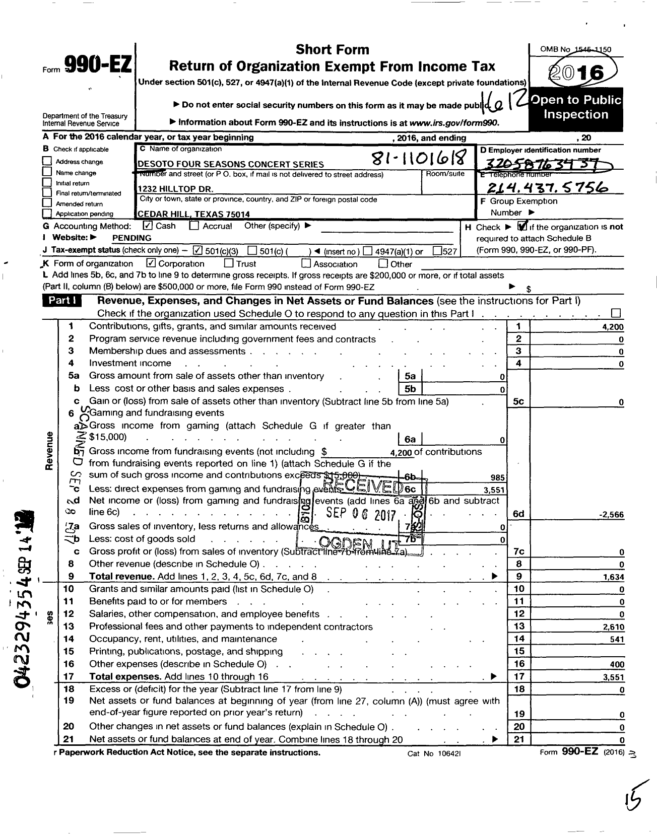 Image of first page of 2016 Form 990EZ for Desoto Four Seasons Concert Series