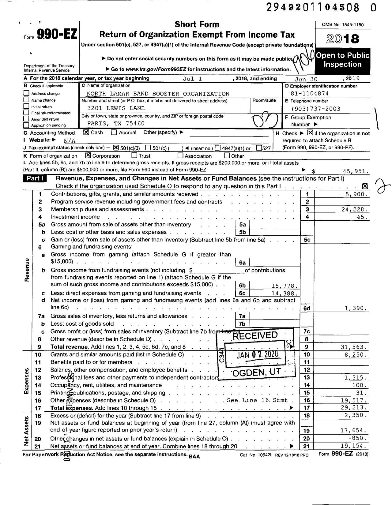 Image of first page of 2018 Form 990EZ for North Lamar Band Booster Organization