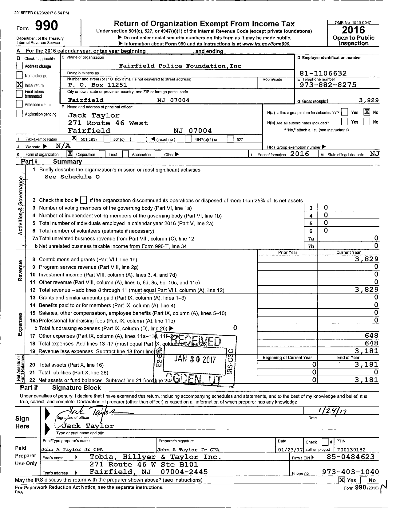 Image of first page of 2016 Form 990 for Fairfield Police Foundation