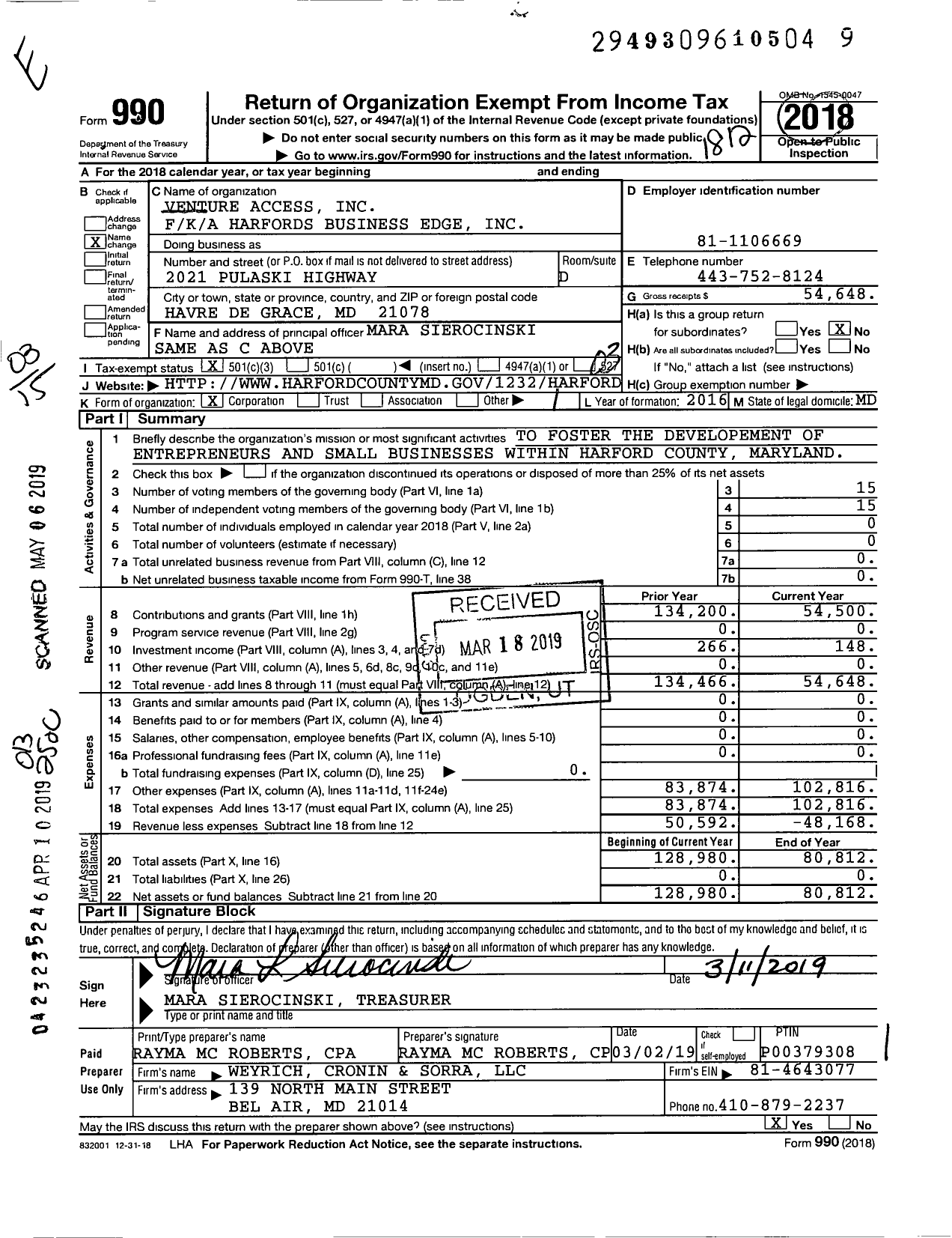 Image of first page of 2018 Form 990 for Venture Access