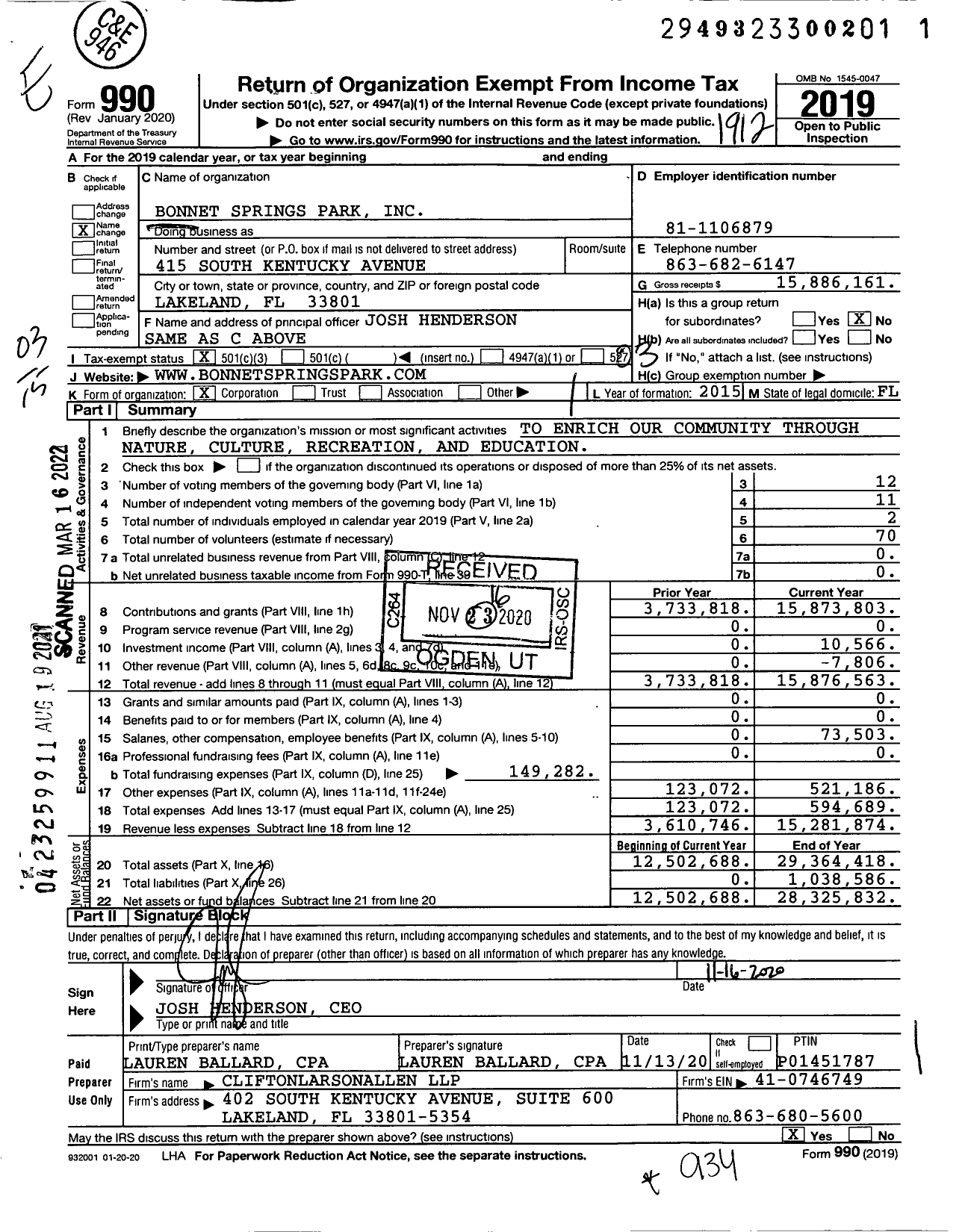 Image of first page of 2019 Form 990 for Bonnet Springs Park