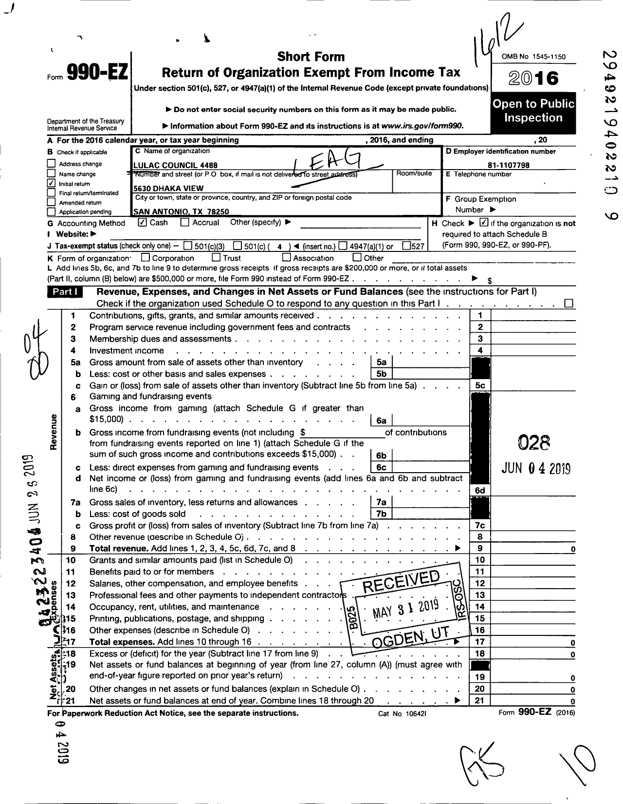 Image of first page of 2016 Form 990EO for League of United Latin America Citizens - 4488 Lulac Council