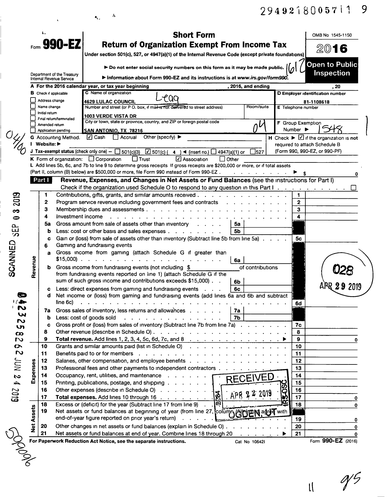 Image of first page of 2016 Form 990EO for League of United Latin America Citizens - 4629 Lulac Council