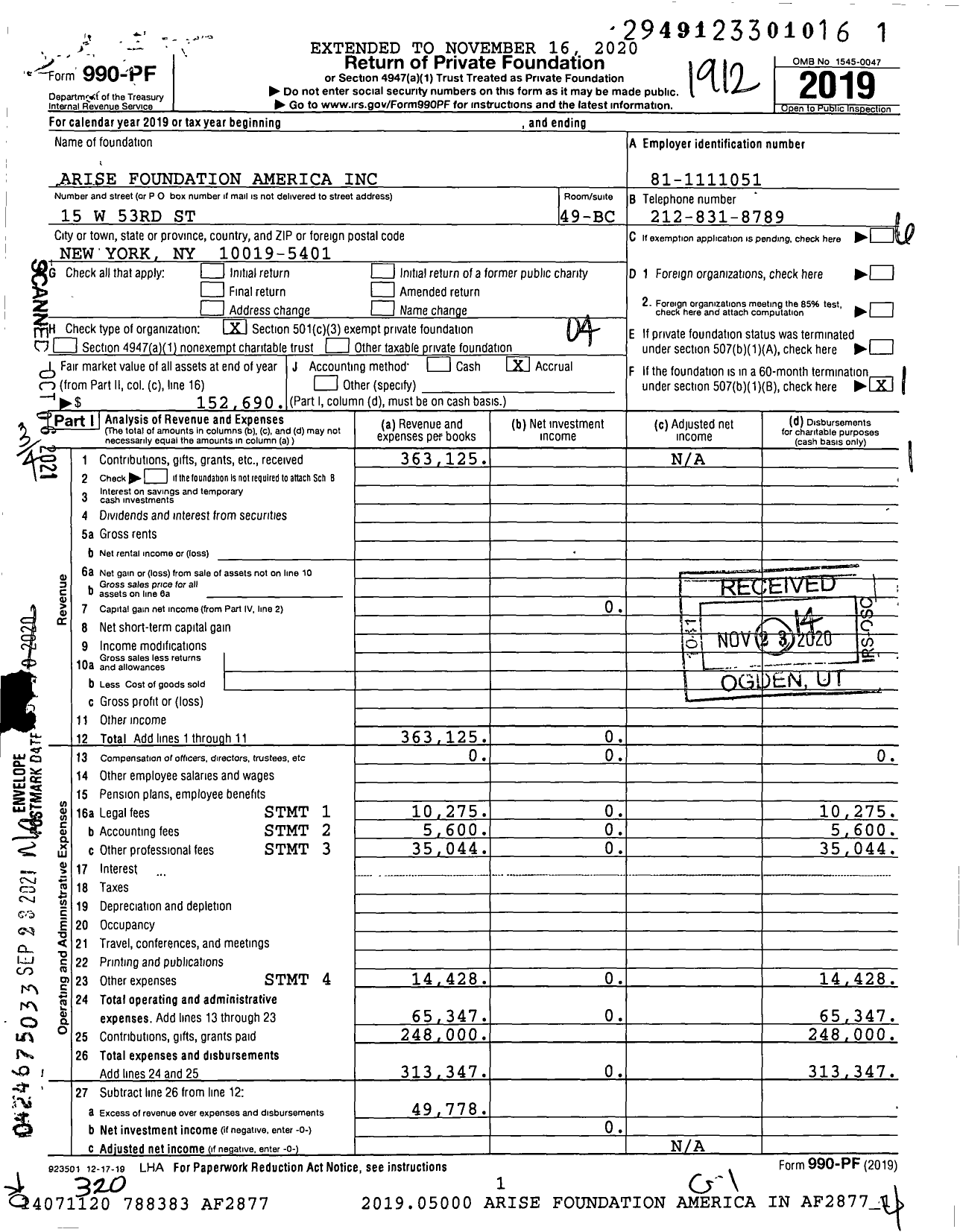 Image of first page of 2019 Form 990PF for Arise Foundation America