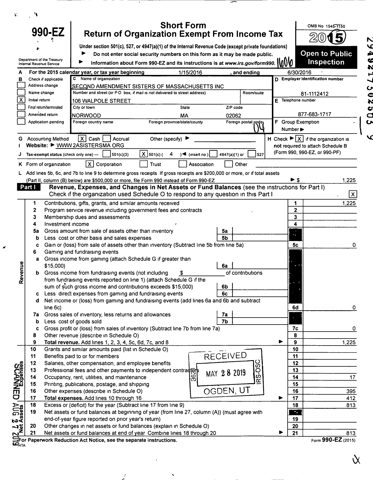 Image of first page of 2015 Form 990EO for Second Amendment Sisters of Massachusetts