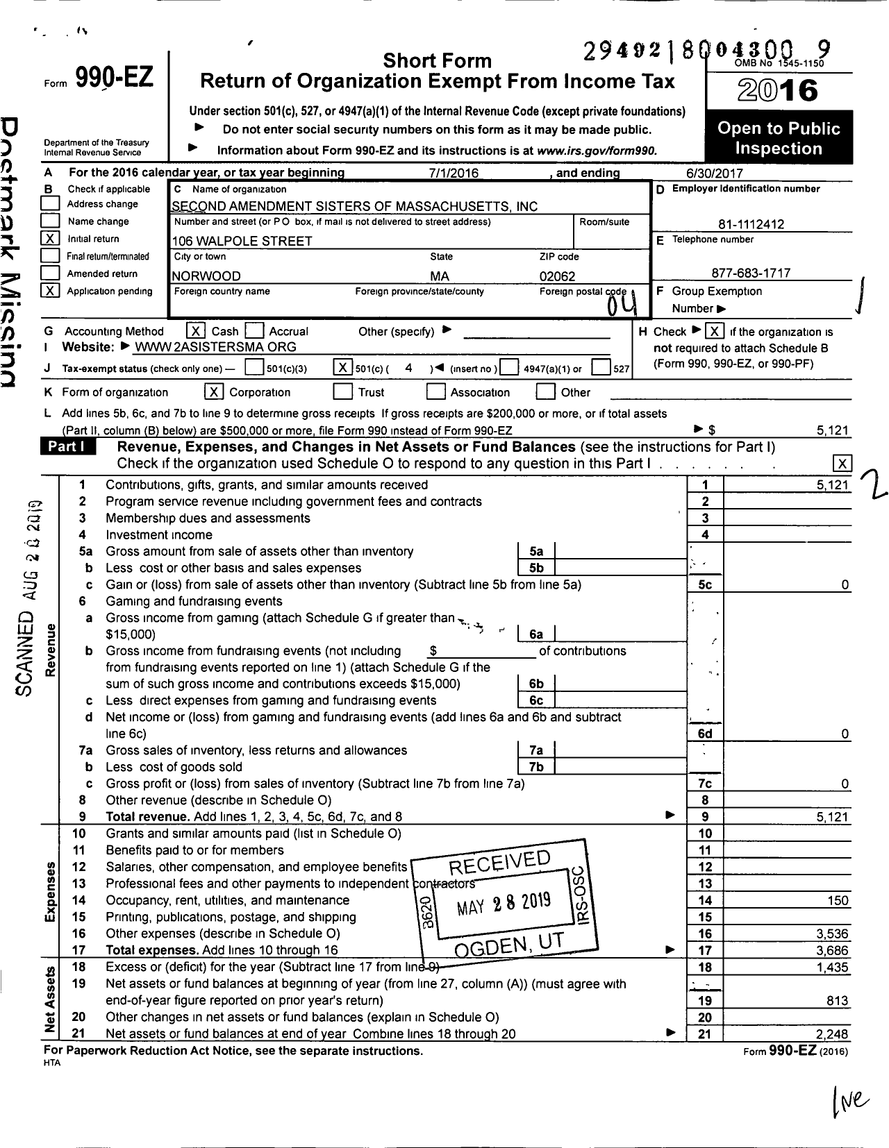 Image of first page of 2016 Form 990EO for Second Amendment Sisters of Massachusetts