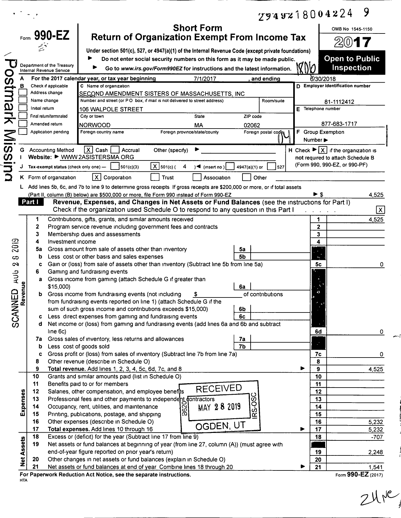 Image of first page of 2017 Form 990EO for Second Amendment Sisters of Massachusetts