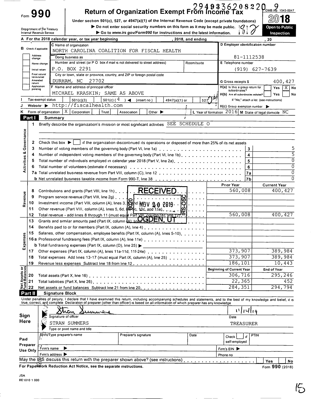 Image of first page of 2018 Form 990O for AFFORDABLE HEALTHCARE COALITION OF North Carolina