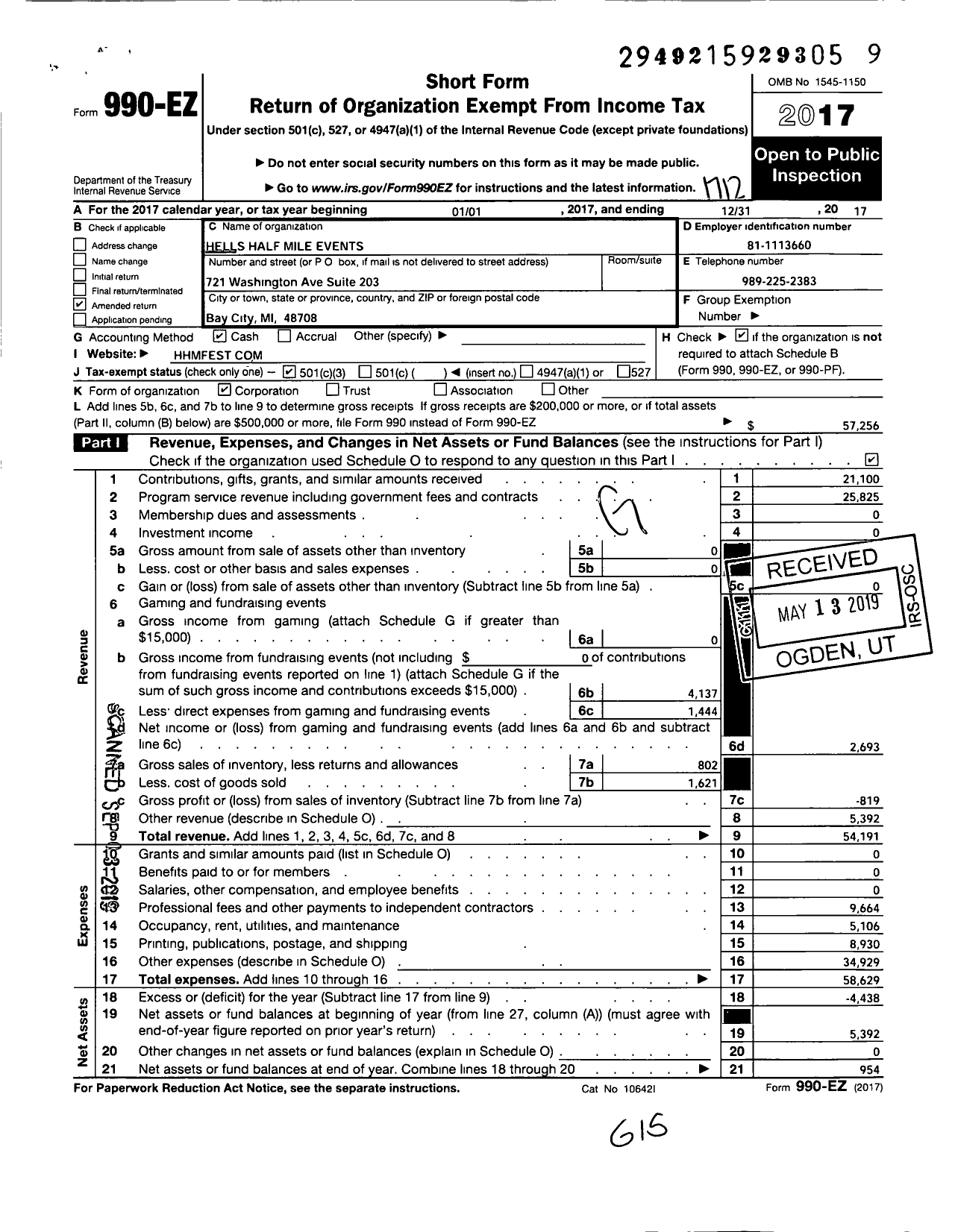 Image of first page of 2017 Form 990EZ for Hells Half Mile Events