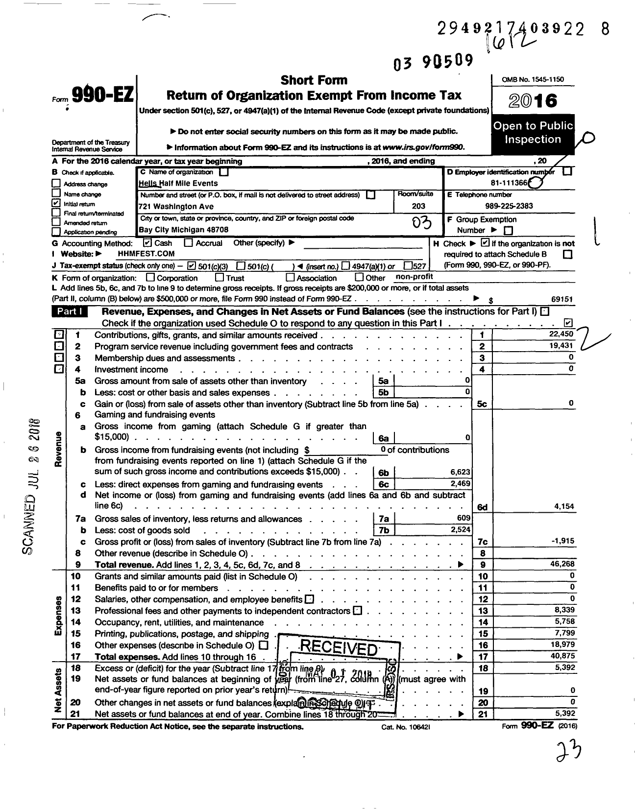 Image of first page of 2016 Form 990EZ for Hells Half Mile Events