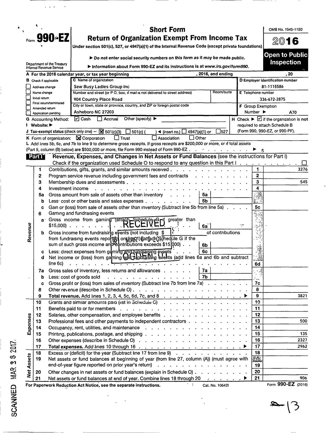 Image of first page of 2016 Form 990EZ for Sew-Busy Ladies Group