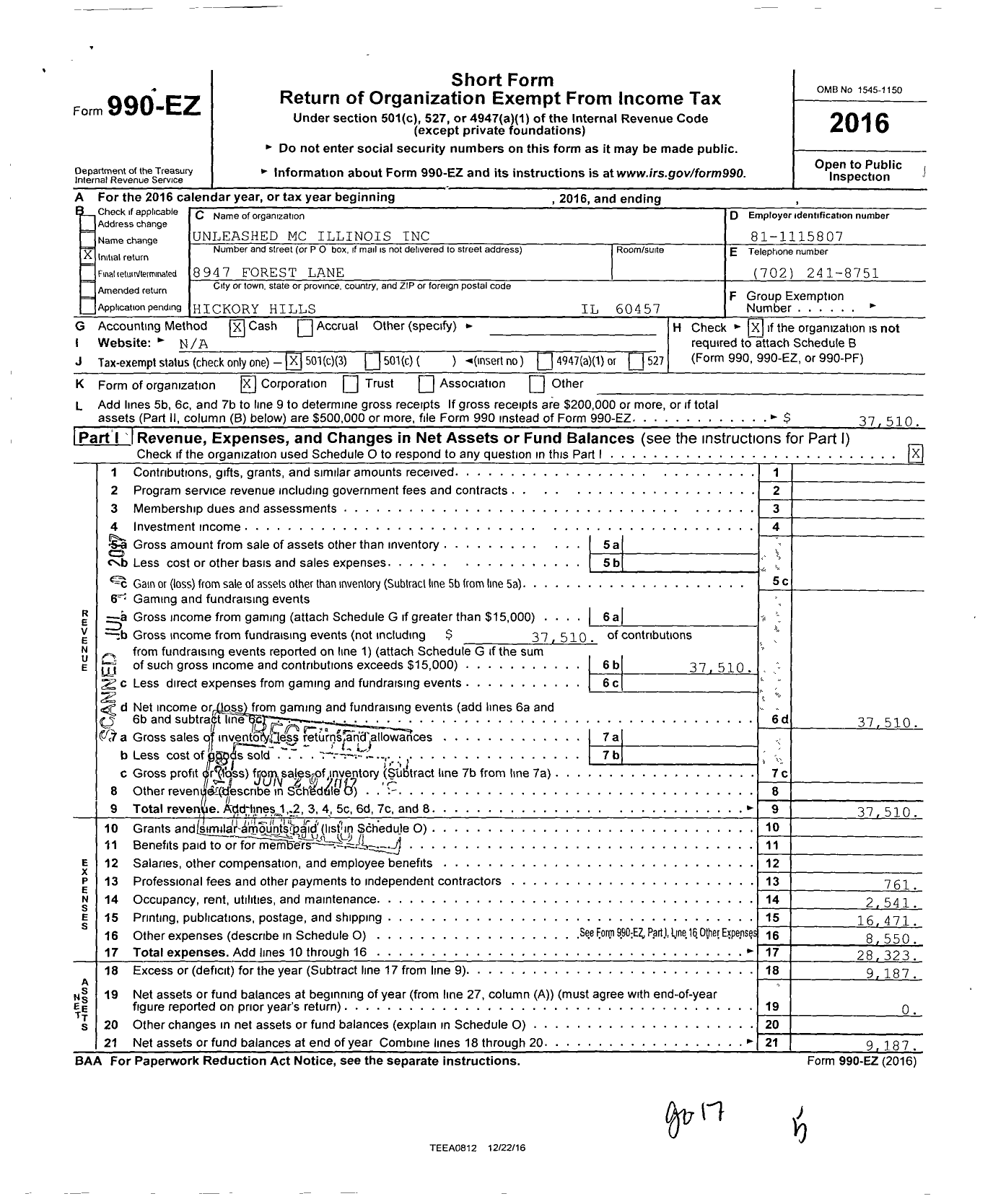 Image of first page of 2016 Form 990EZ for Unleashed MC Illionis