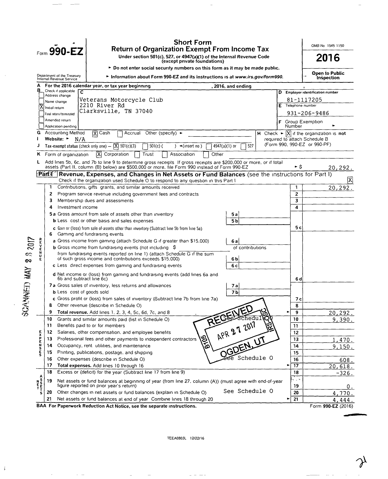 Image of first page of 2016 Form 990EZ for Veterans Motorcycle Club