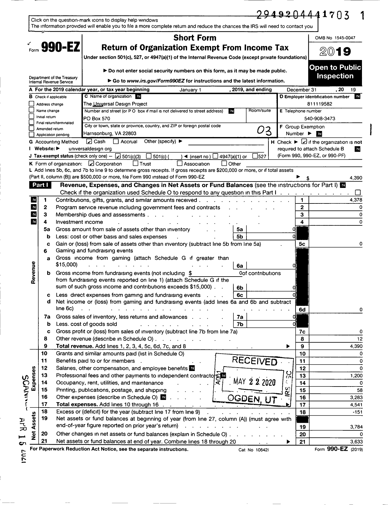 Image of first page of 2019 Form 990EZ for Universal Design Project