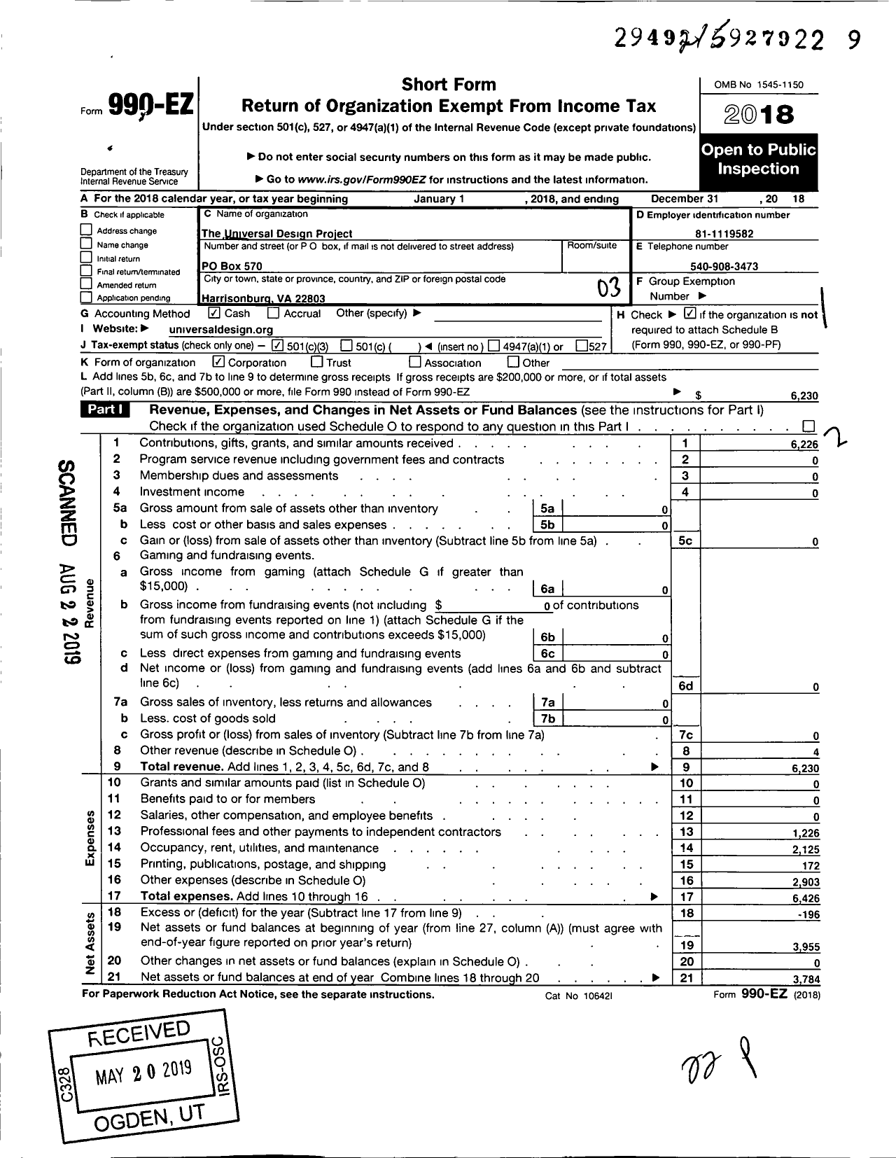 Image of first page of 2018 Form 990EZ for Universal Design Project