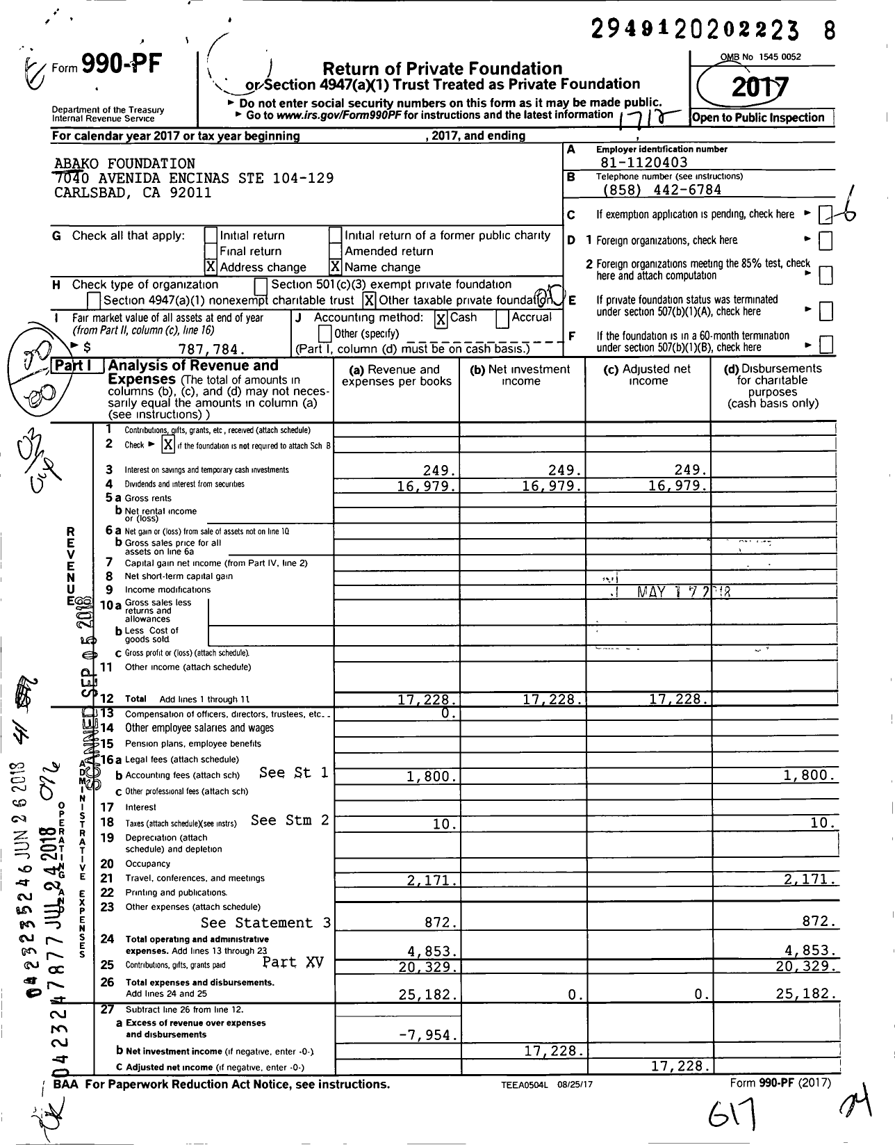 Image of first page of 2017 Form 990PF for Abako Foundation