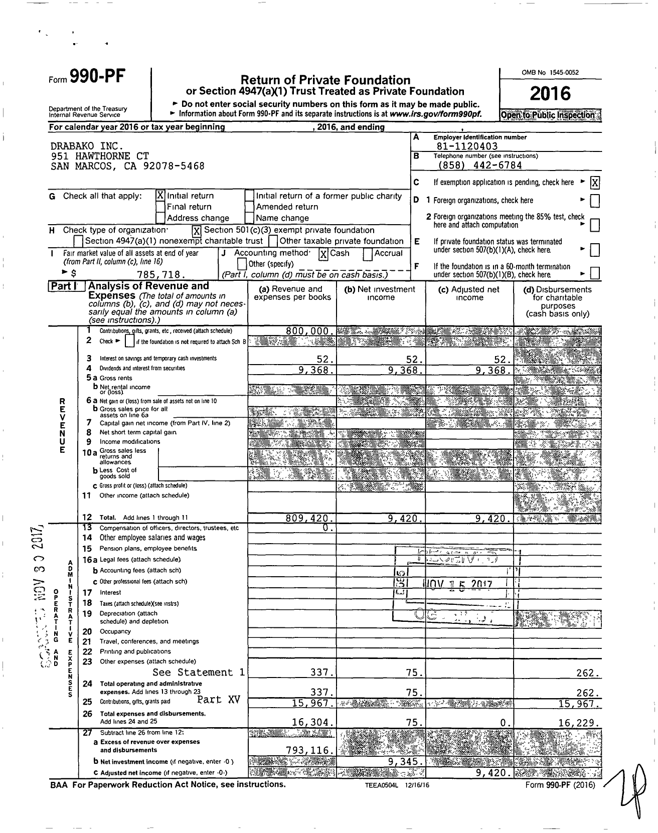 Image of first page of 2016 Form 990PF for Abako Foundation