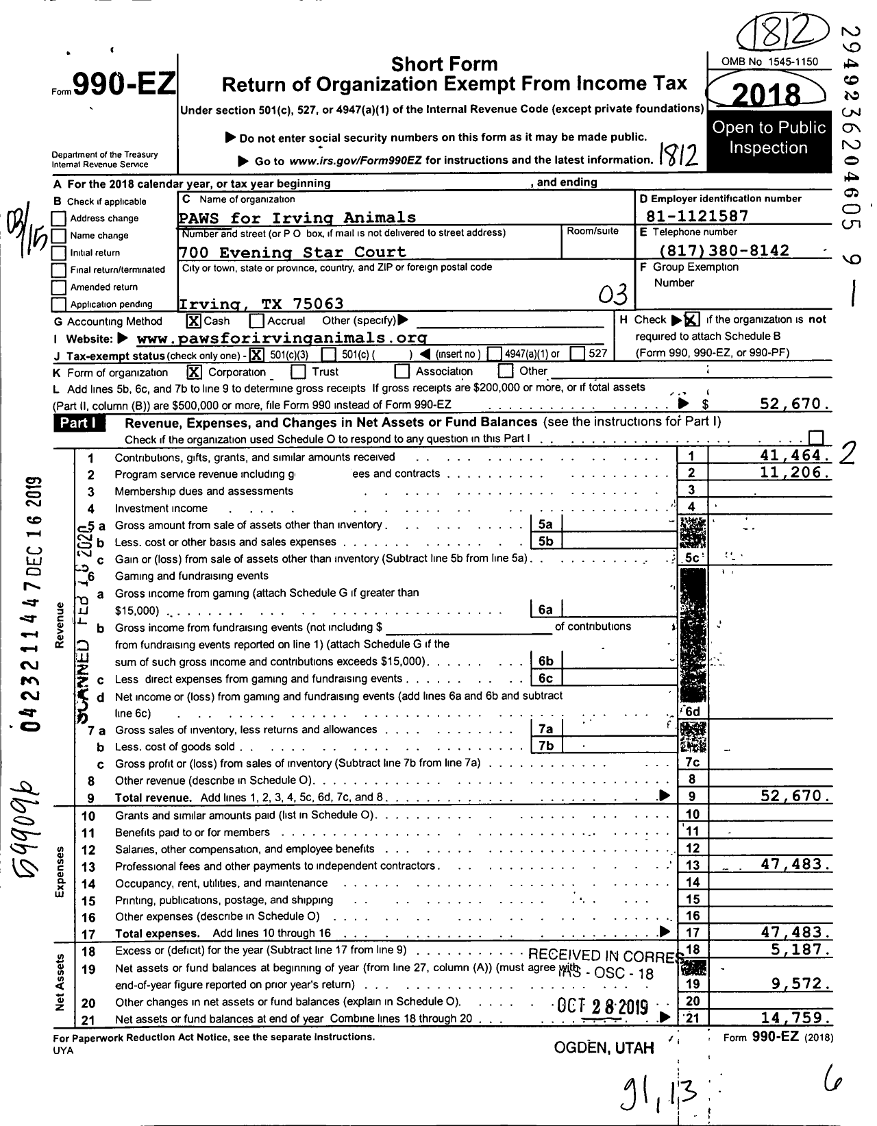 Image of first page of 2018 Form 990EZ for PAWS for Irving Animals