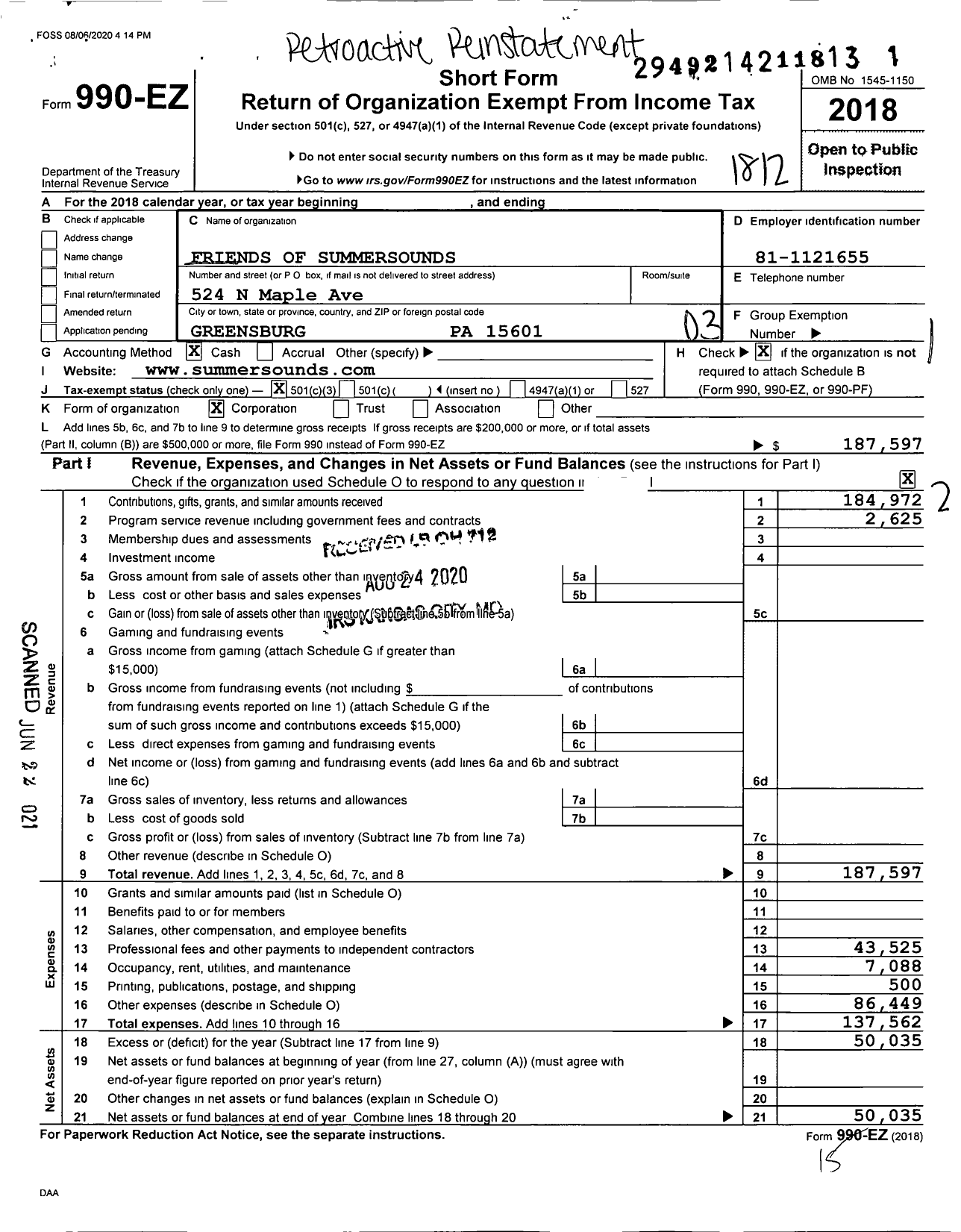 Image of first page of 2018 Form 990EZ for Friends of Summersounds