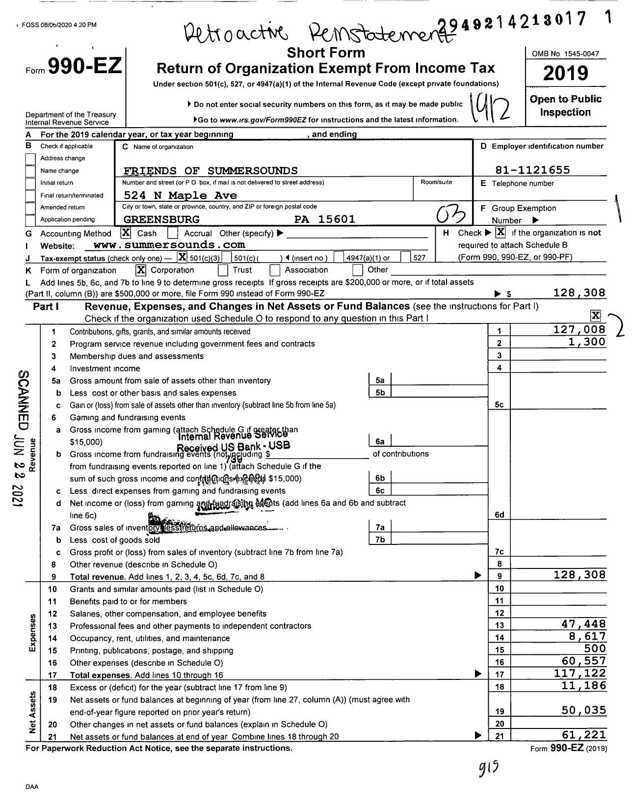 Image of first page of 2019 Form 990EZ for Friends of Summersounds