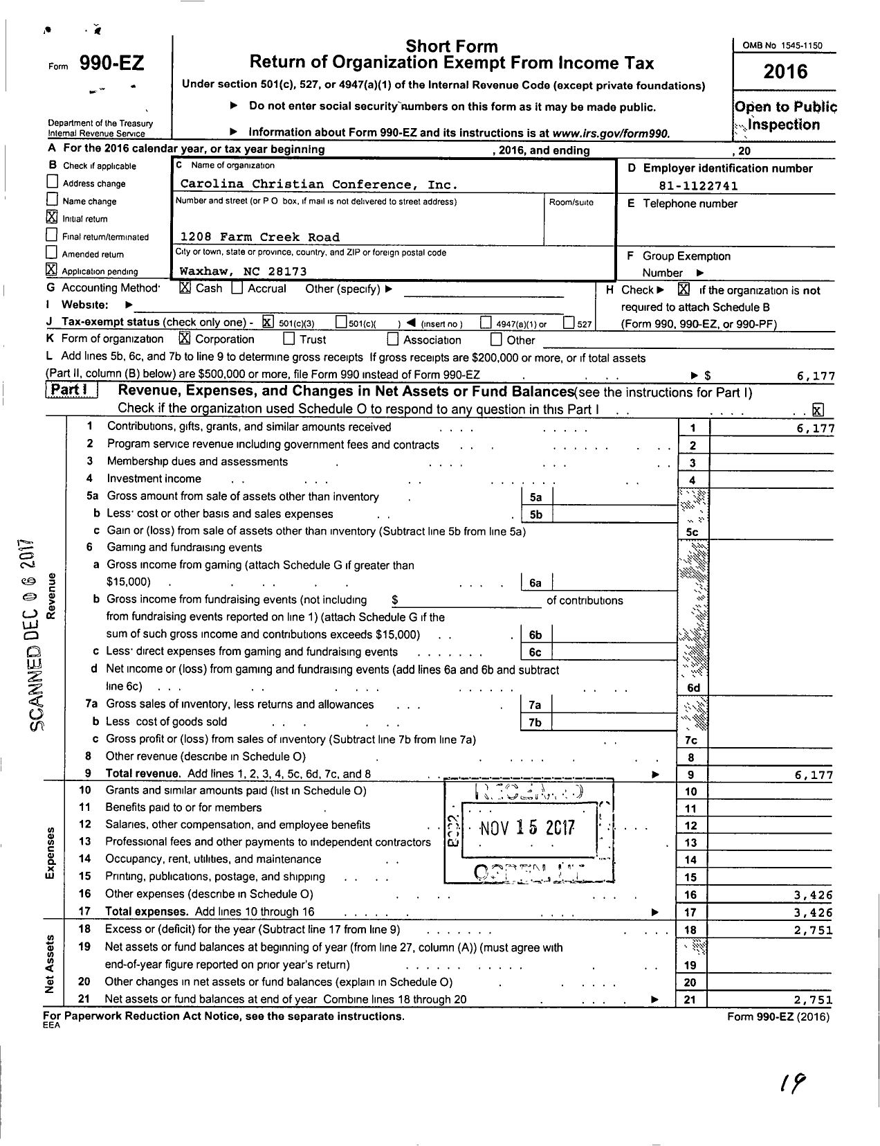 Image of first page of 2016 Form 990EZ for Carolina Crhistian Conference