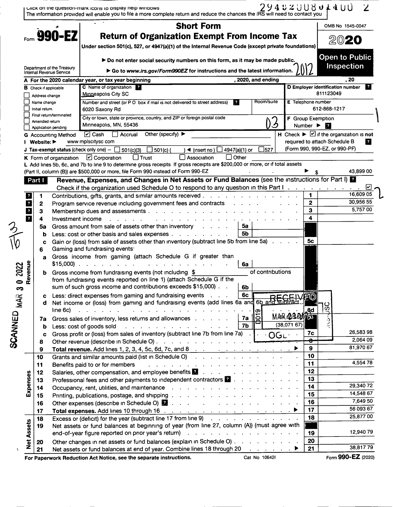 Image of first page of 2020 Form 990EZ for Minneapolis City SC