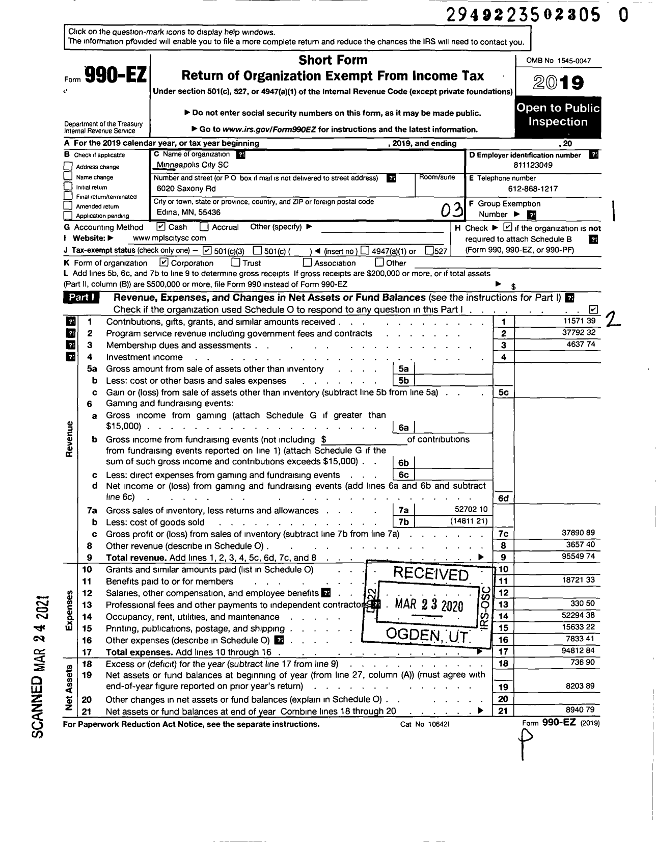 Image of first page of 2019 Form 990EZ for Minneapolis City SC