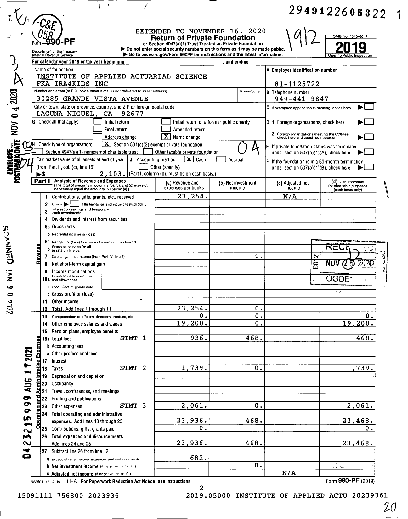 Image of first page of 2019 Form 990PF for Institute of Applied Actuarial Science