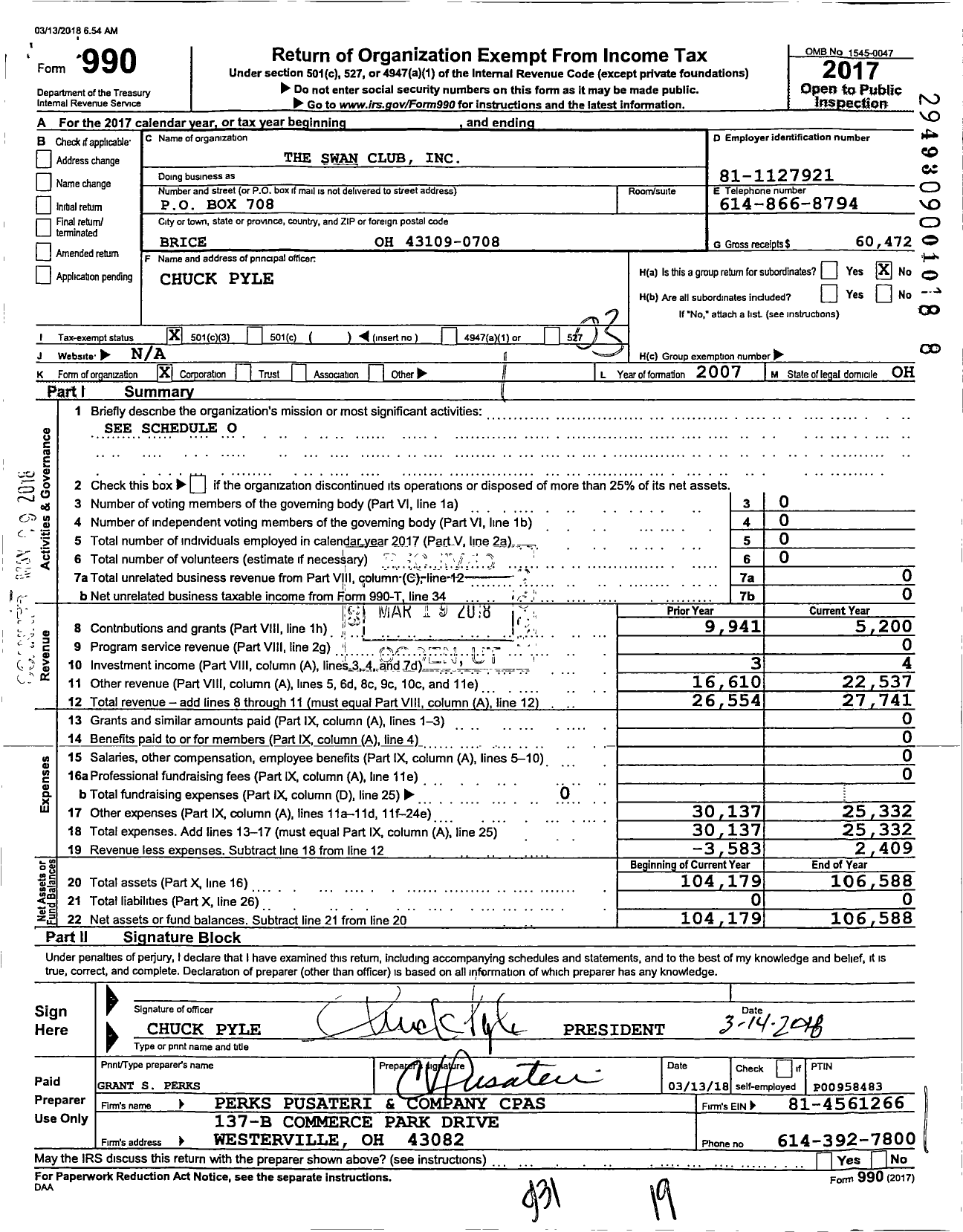 Image of first page of 2017 Form 990 for The Swan Club