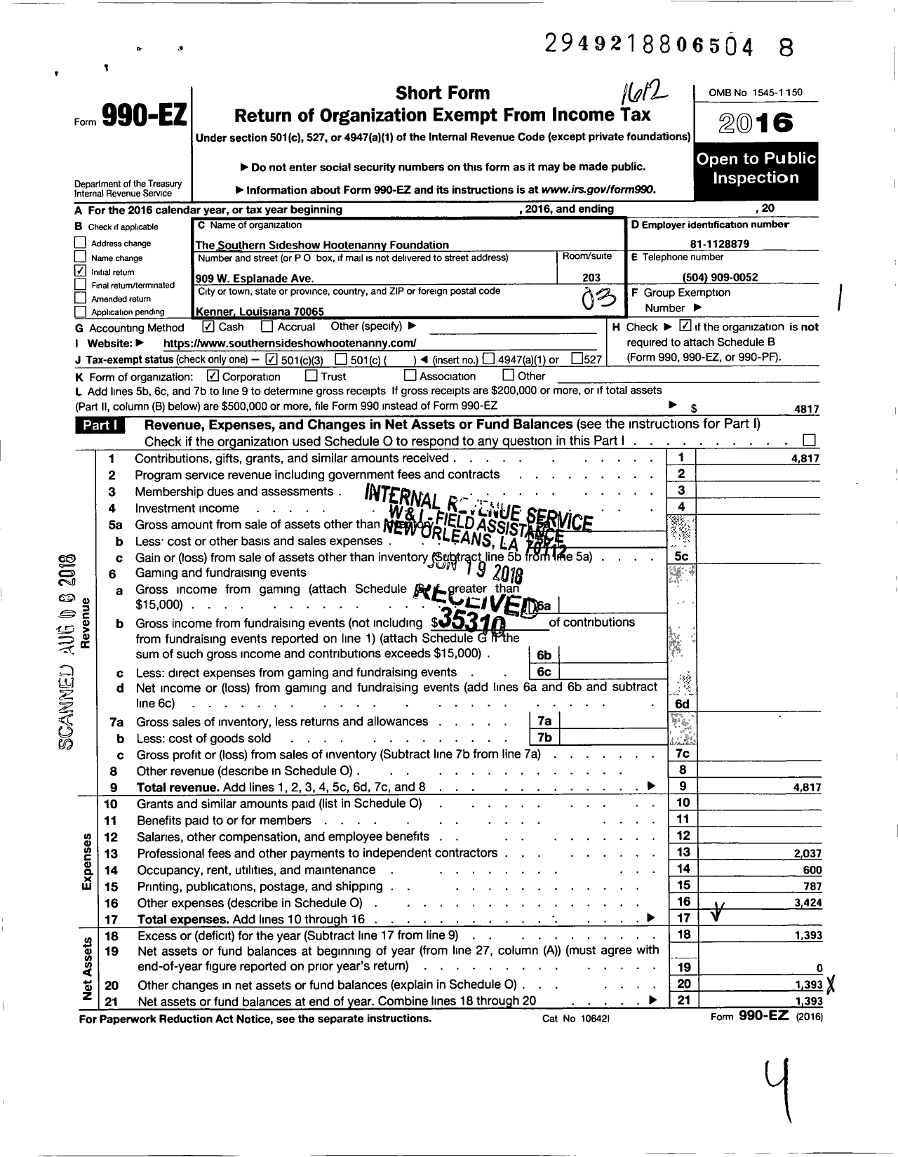 Image of first page of 2016 Form 990EZ for Southern Sideshow Hootenanny Foundation