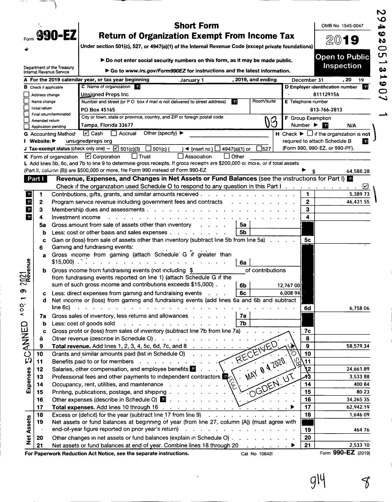 Image of first page of 2019 Form 990EZ for Unsigned Preps