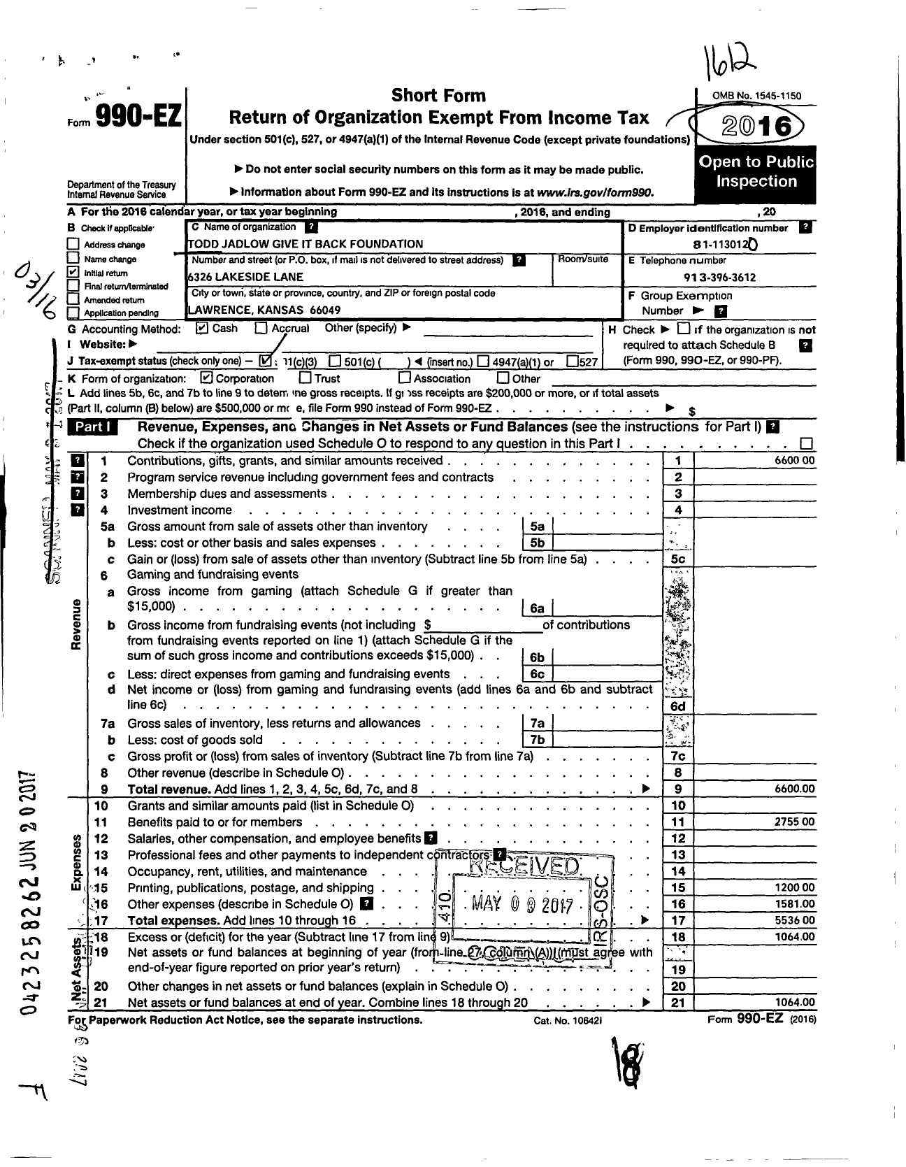 Image of first page of 2016 Form 990EZ for Todd Jadlow Give It Back Foundation