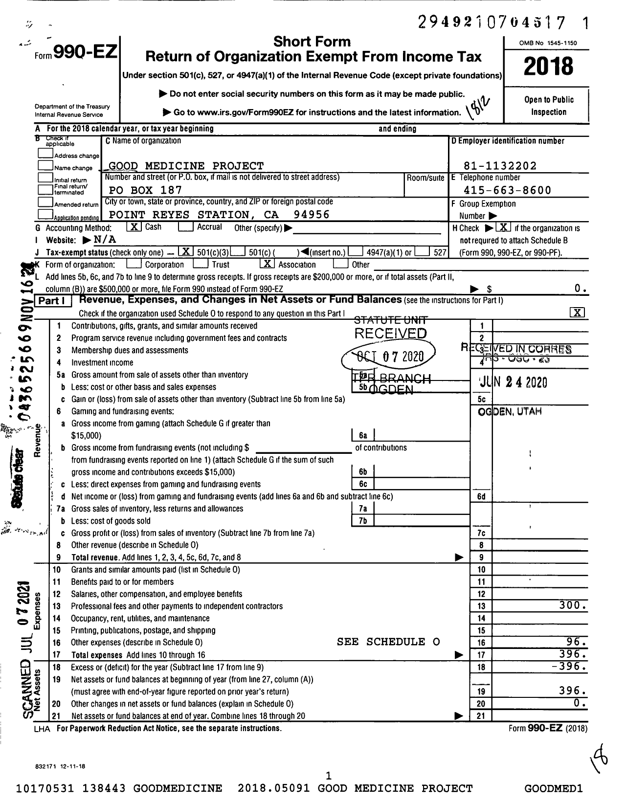 Image of first page of 2018 Form 990EZ for Good Medicine Project