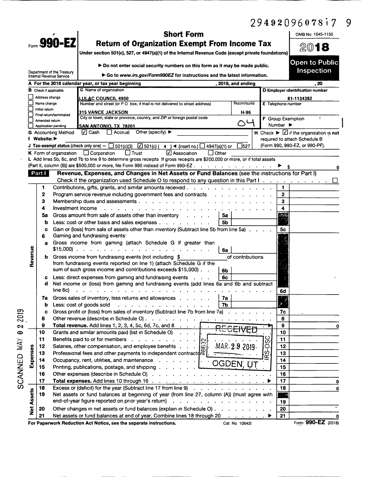 Image of first page of 2018 Form 990EO for League of United Latin America Citizens - 4950 Lulac Council