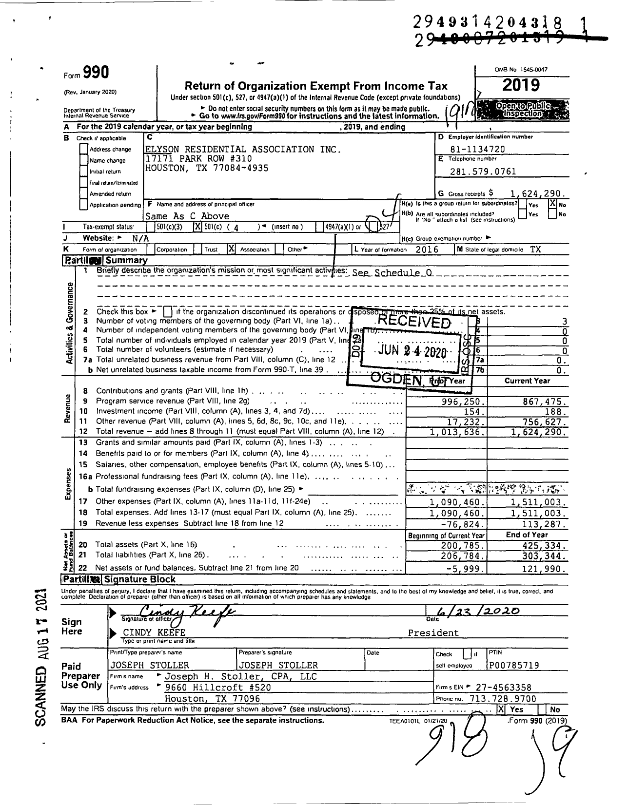 Image of first page of 2019 Form 990O for Elyson Residential Association