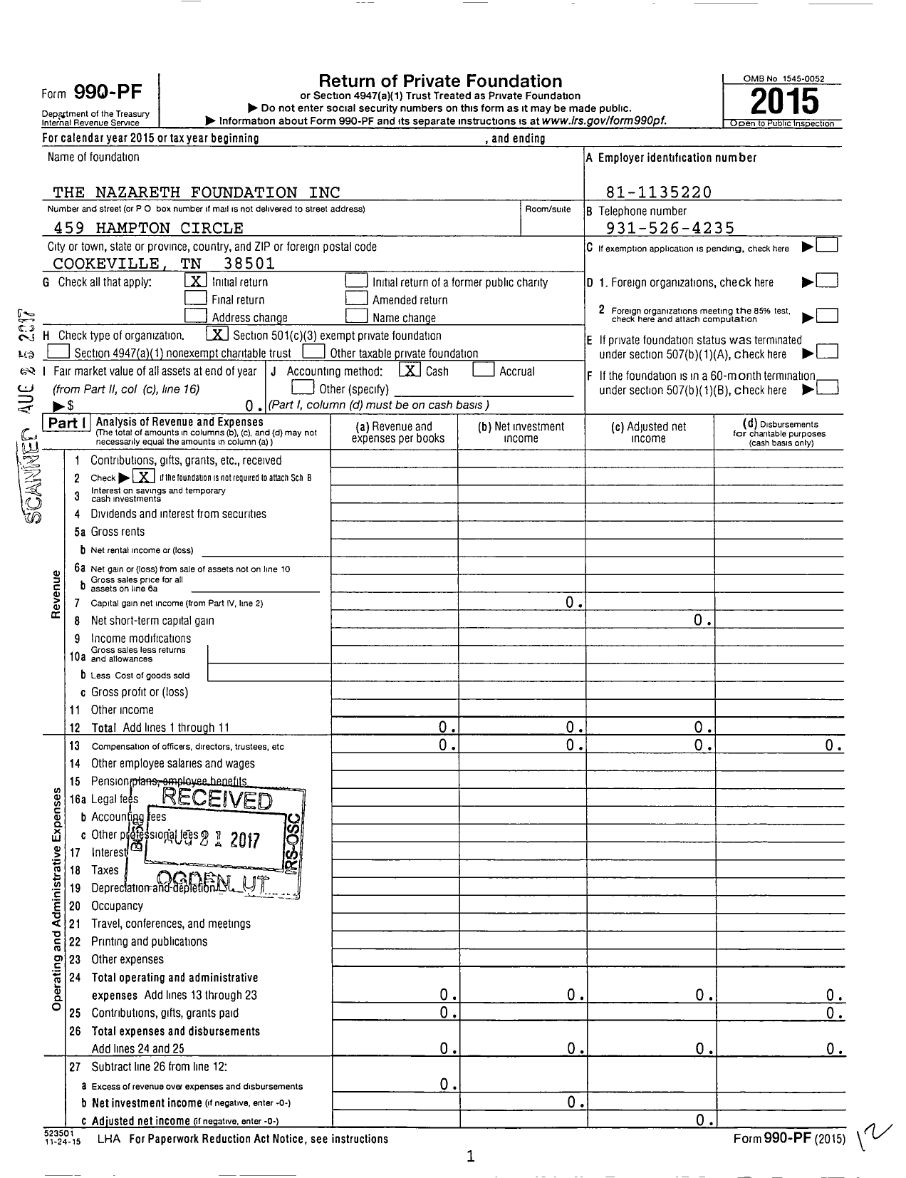 Image of first page of 2015 Form 990PF for The Nazareth Foundation