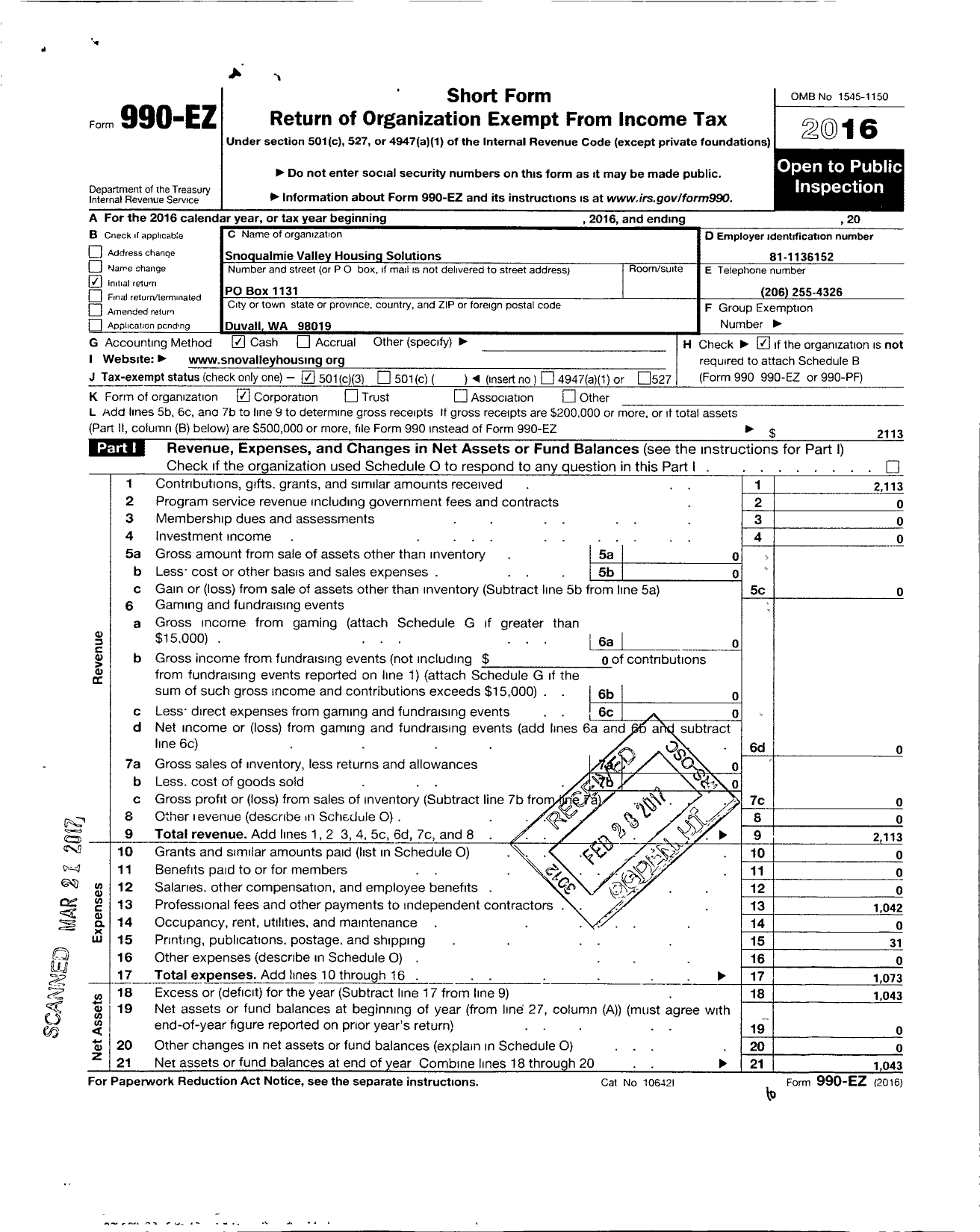 Image of first page of 2016 Form 990EZ for Snoqualmie Valley Housing Solutions