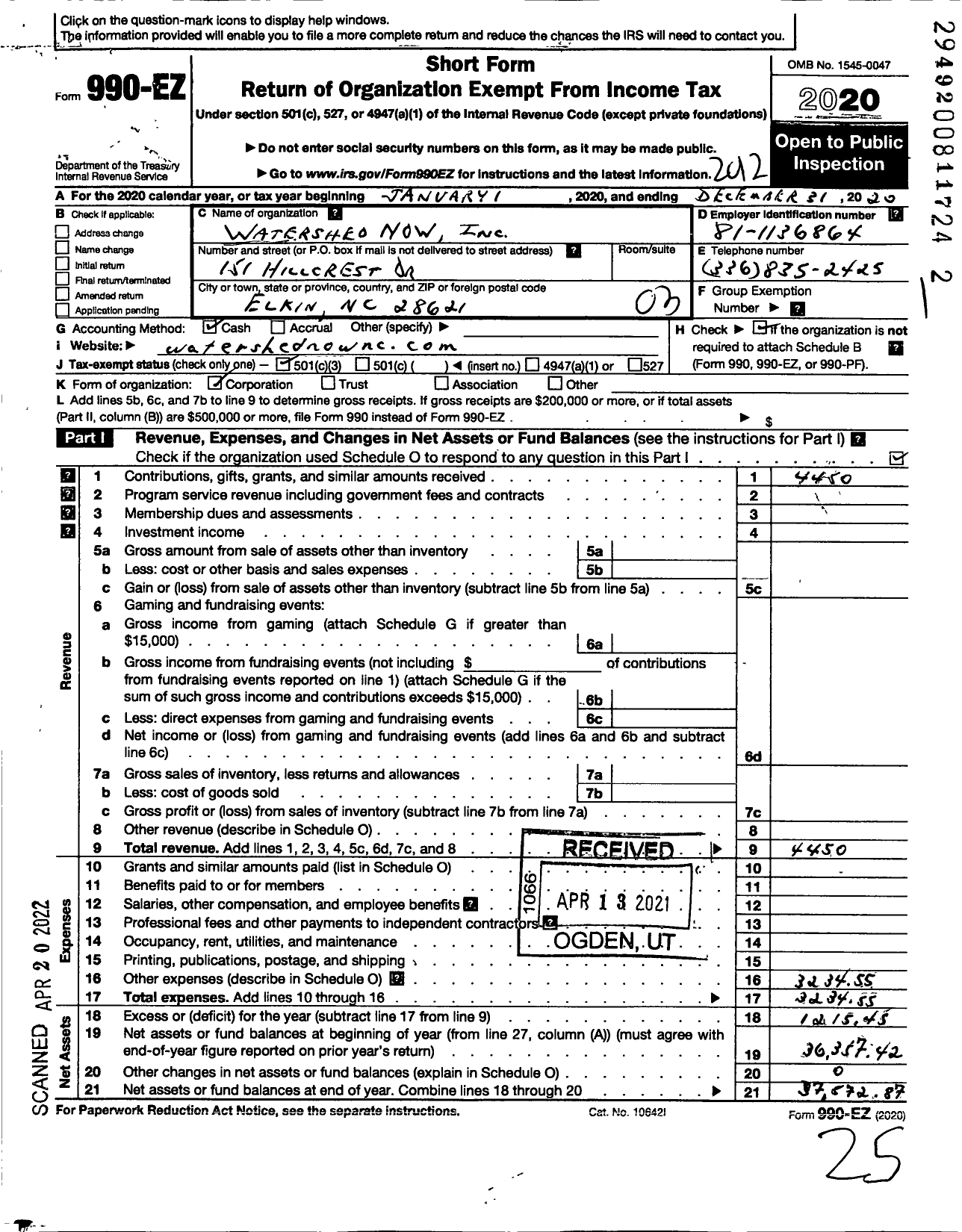 Image of first page of 2020 Form 990EZ for Watershed Now