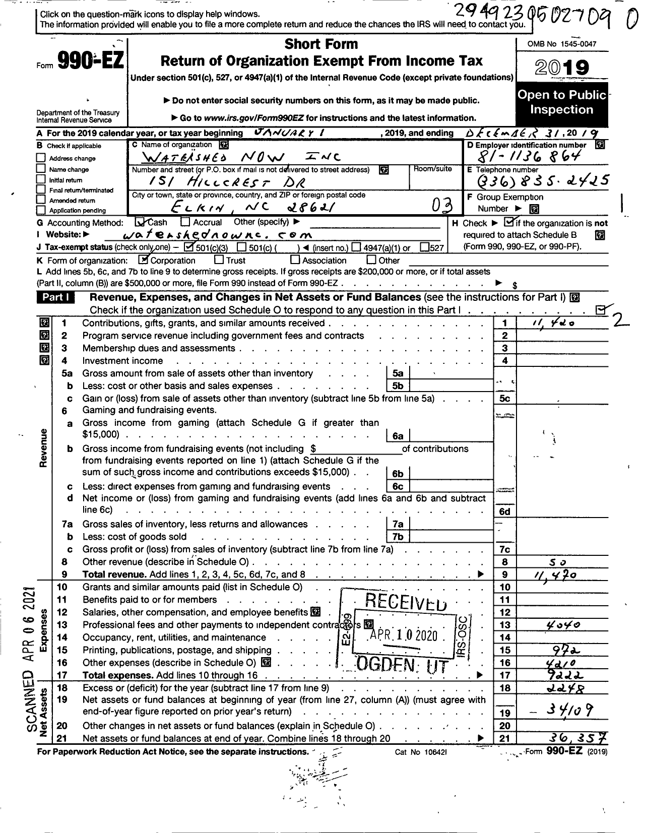 Image of first page of 2019 Form 990EZ for Watershed Now