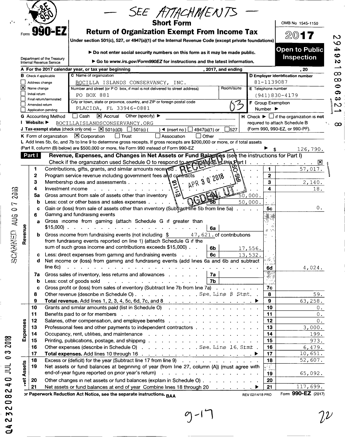 Image of first page of 2017 Form 990EZ for Bocilla Islands Conservancy