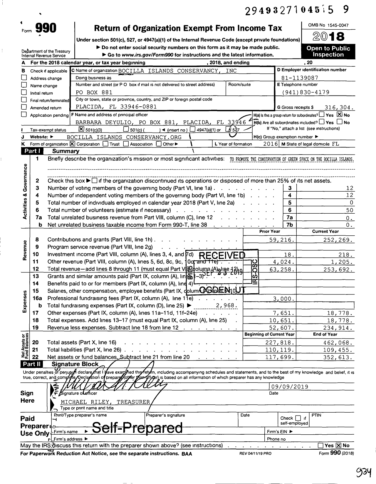 Image of first page of 2018 Form 990 for Bocilla Islands Conservancy