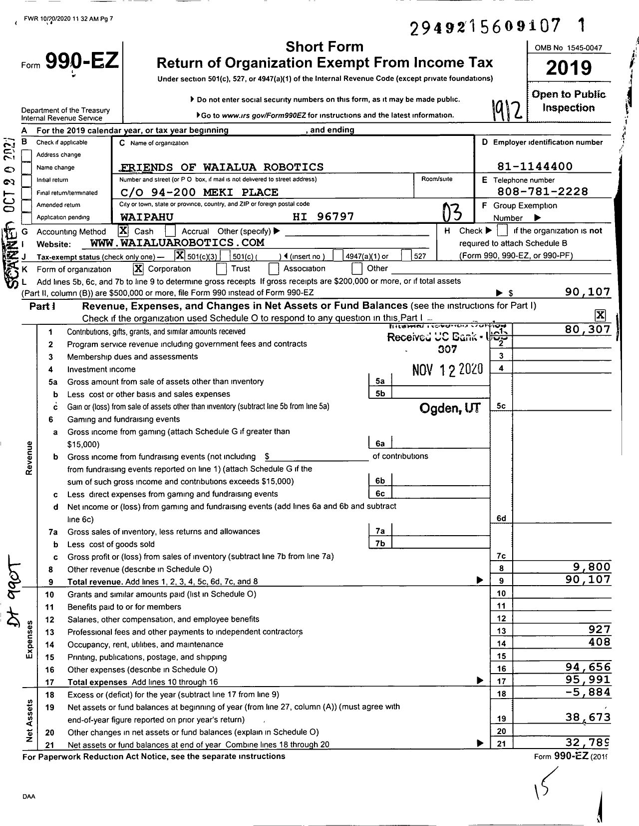 Image of first page of 2019 Form 990EZ for Friends of Waialua Robotics