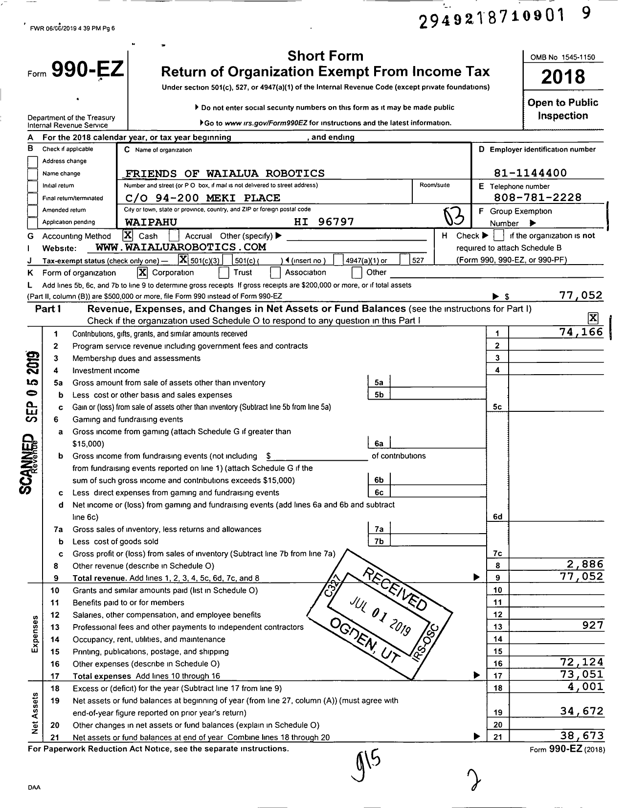 Image of first page of 2018 Form 990EZ for Friends of Waialua Robotics