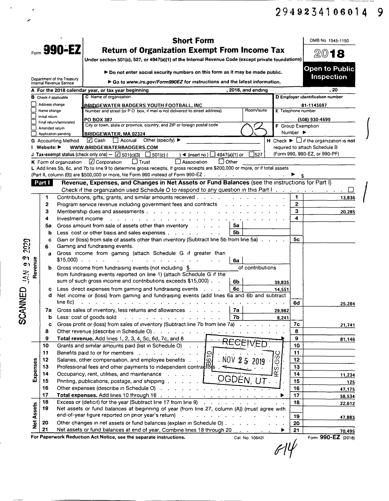 Image of first page of 2018 Form 990EZ for Bridgewater Badgers Youth Football