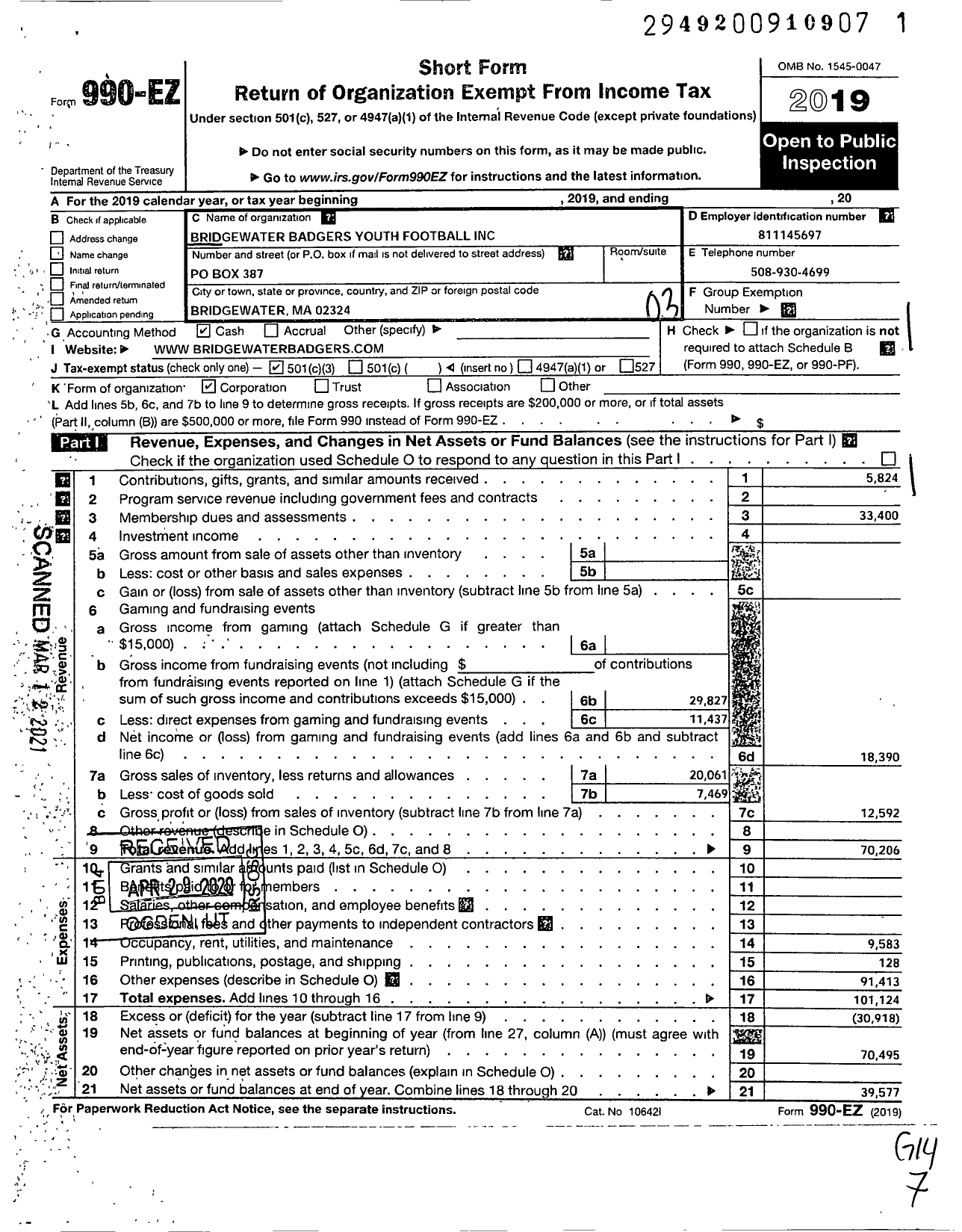 Image of first page of 2019 Form 990EZ for Bridgewater Badgers Youth Football