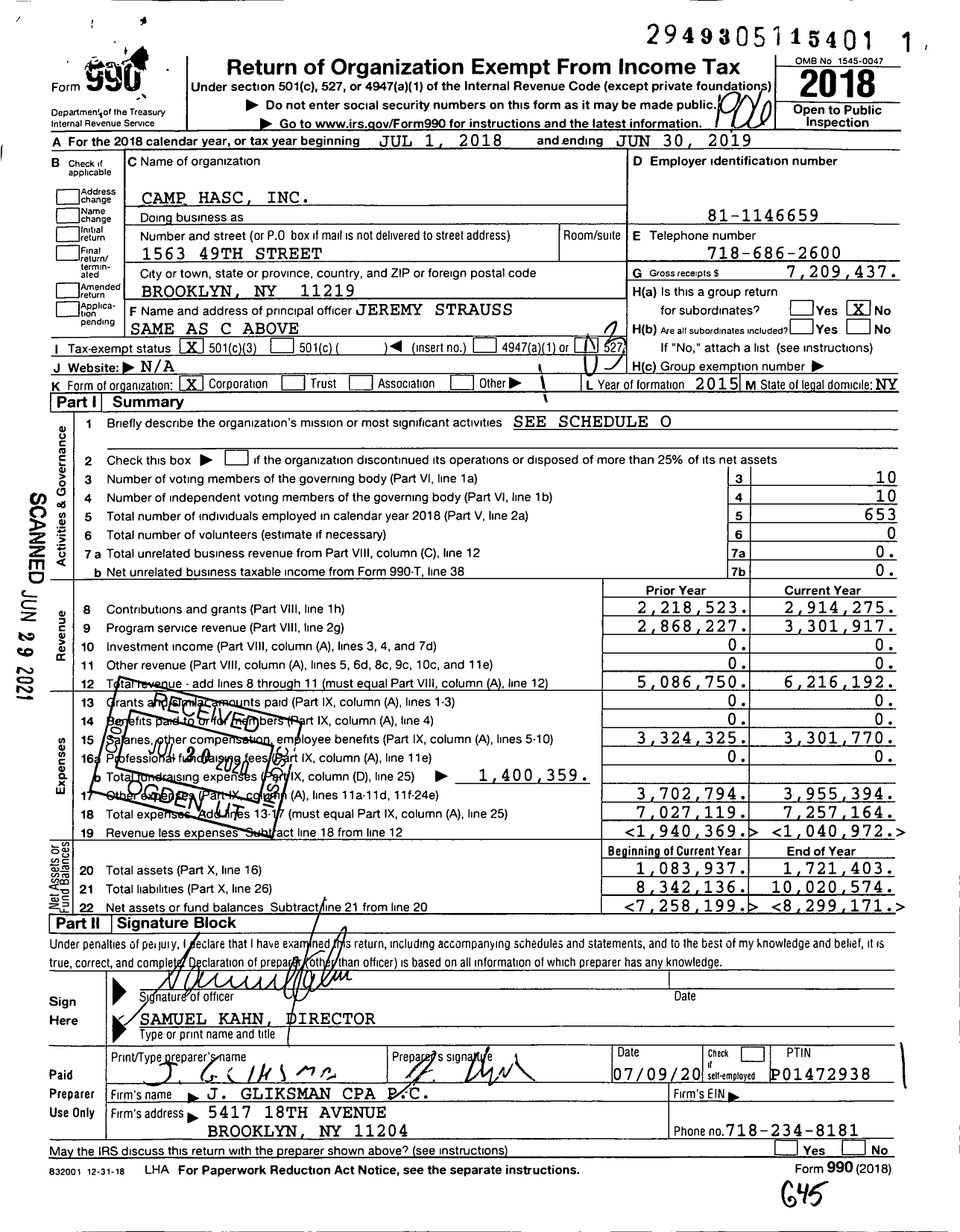 Image of first page of 2018 Form 990 for Camp HASC